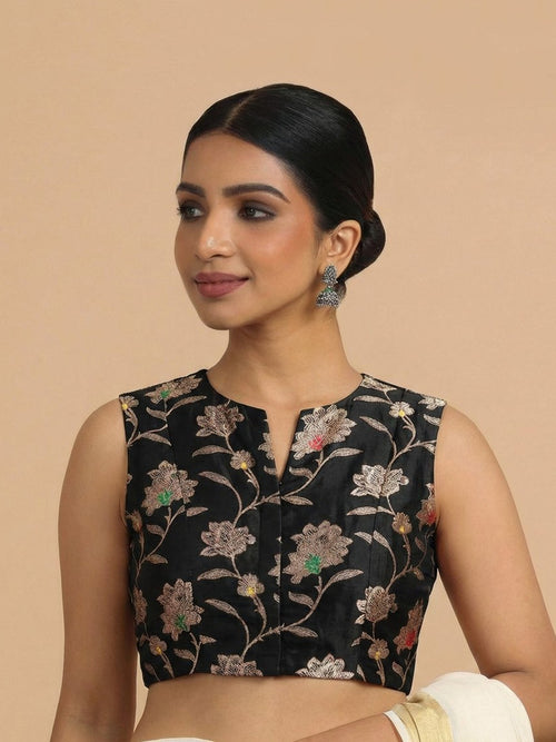 Rupali x Tyohaar Saree Blouse, in Black Meenakari Satin Viscose, featuring sleeveless and jewel neckline.