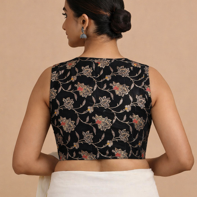 Rupali x Tyohaar Saree Blouse, in Black Meenakari Satin Viscose, featuring sleeveless and jewel neckline (view 2).