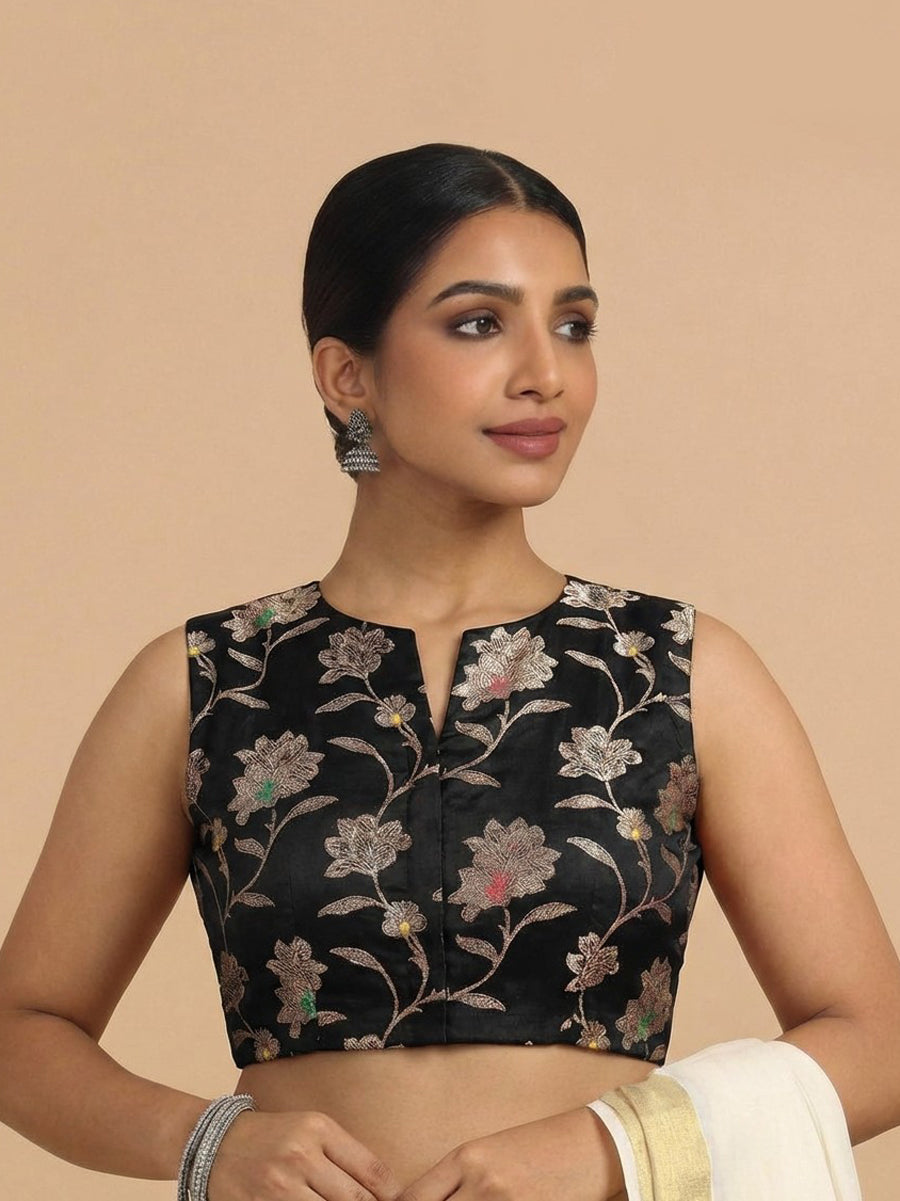 Rupali x Tyohaar Saree Blouse, in Black Meenakari Satin Viscose, featuring sleeveless and jewel neckline (view 6).