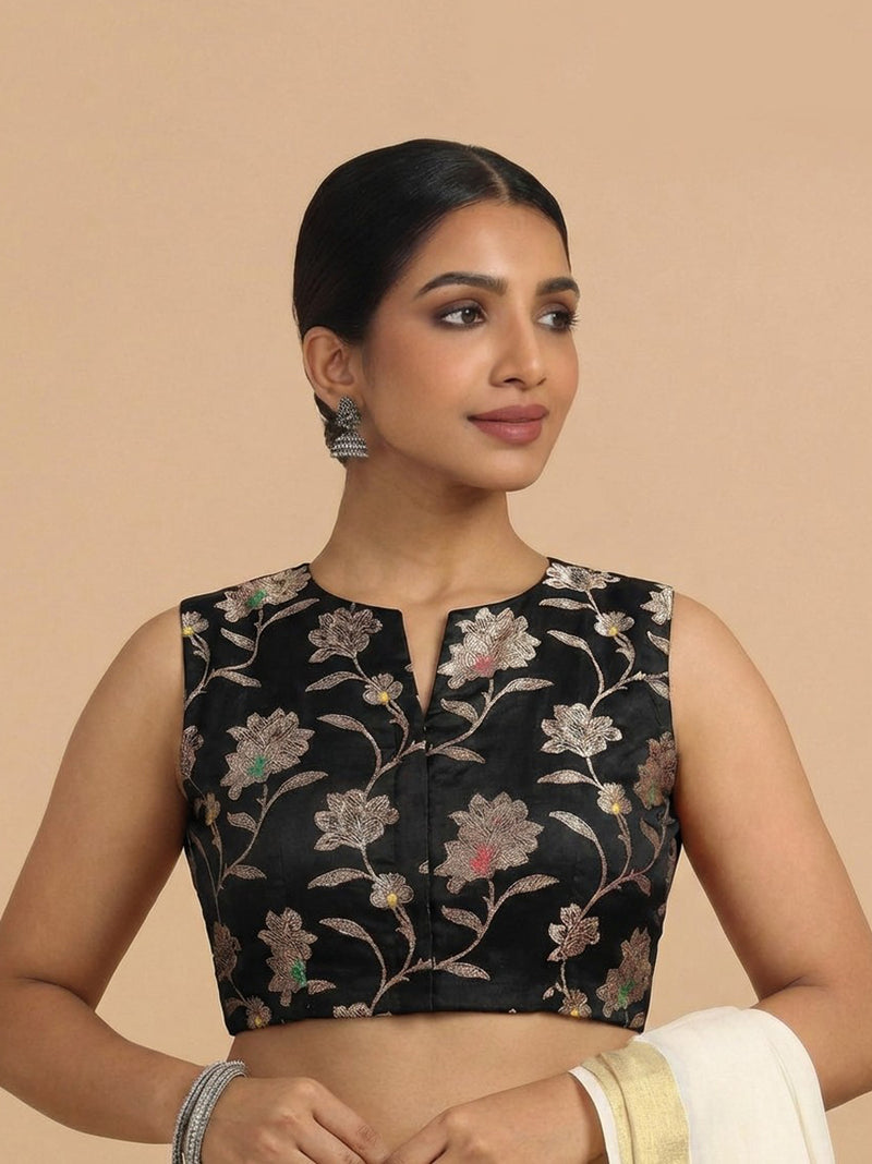 Rupali x Tyohaar | Sleeveless Black Meenakari Saree Blouse-Binks