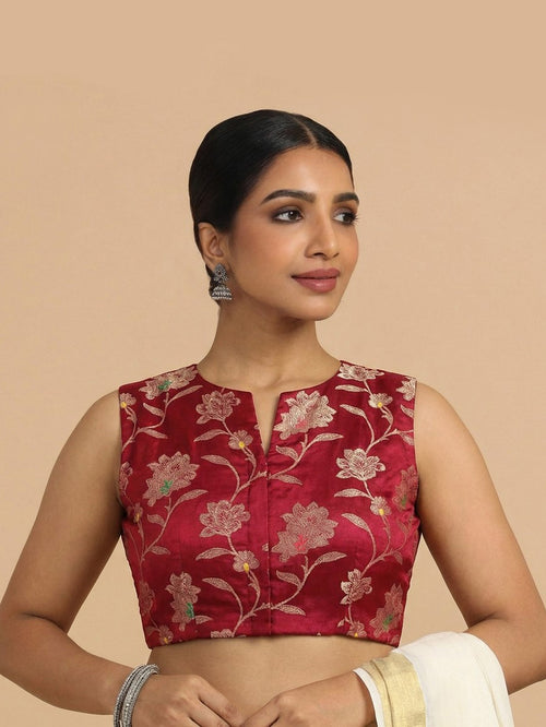 Rupali x Tyohaar Saree Blouse, in Red Meenakari Satin Viscose, featuring sleeveless and jewel neckline.