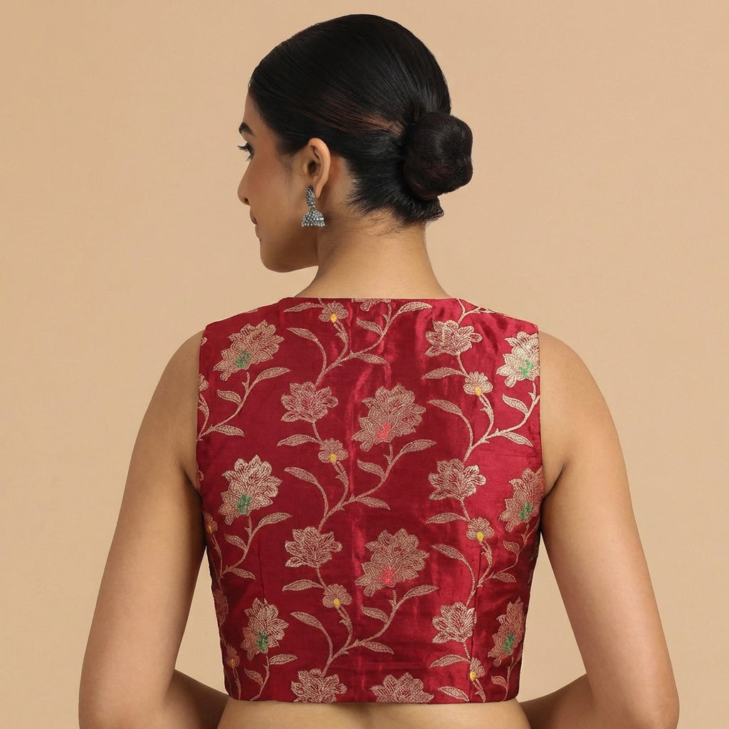 Rupali x Tyohaar Saree Blouse, in Red Meenakari Satin Viscose, featuring sleeveless and jewel neckline (view 5).