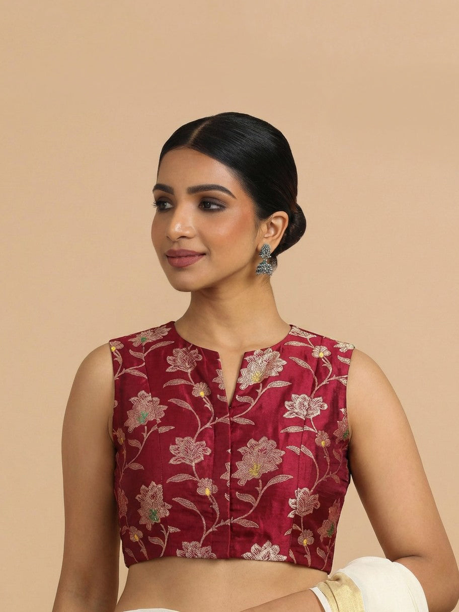 Rupali x Tyohaar Saree Blouse, in Red Meenakari Satin Viscose, featuring sleeveless and jewel neckline (view 6).
