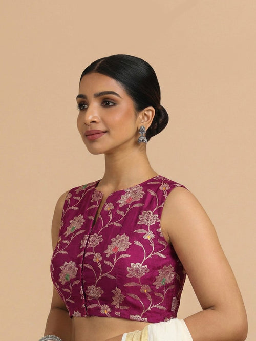 Rupali x Tyohaar Saree Blouse, in Purple Meenakari Satin Viscose, featuring sleeveless and jewel neckline.