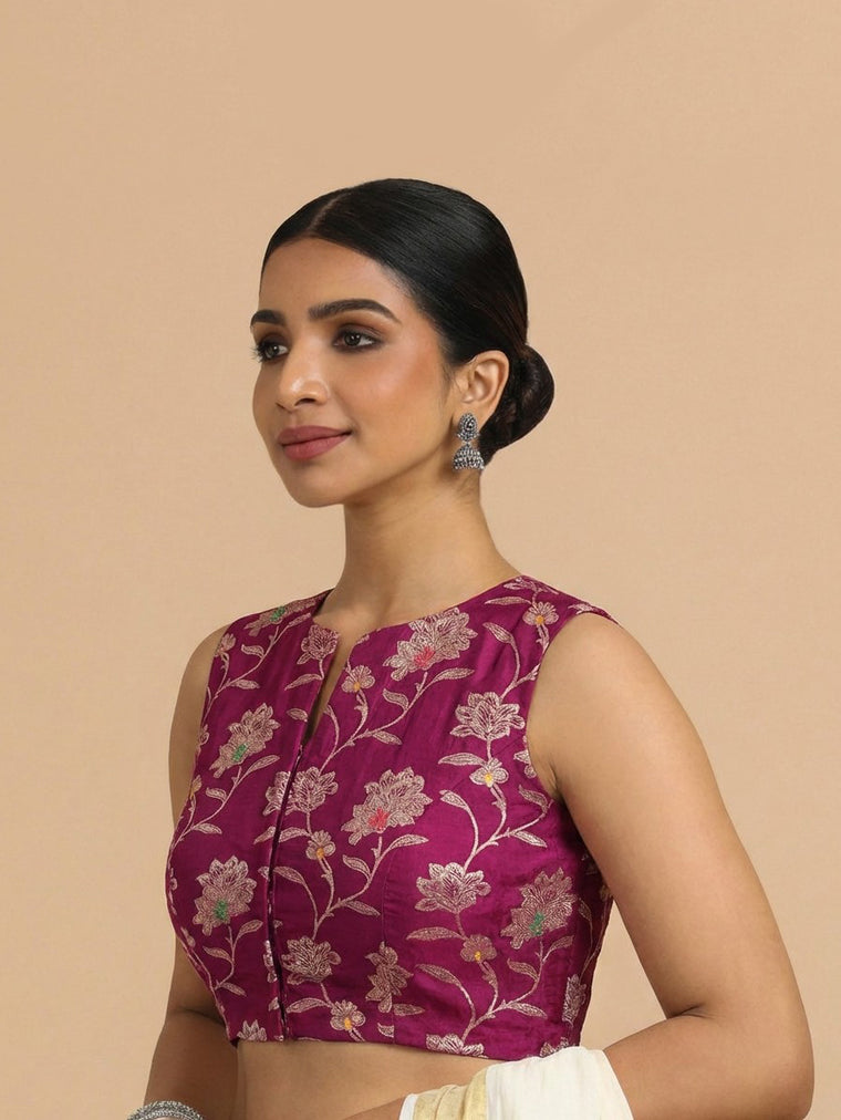 Rupali x Tyohaar Saree Blouse, in Purple Meenakari Satin Viscose, featuring sleeveless and jewel neckline.
