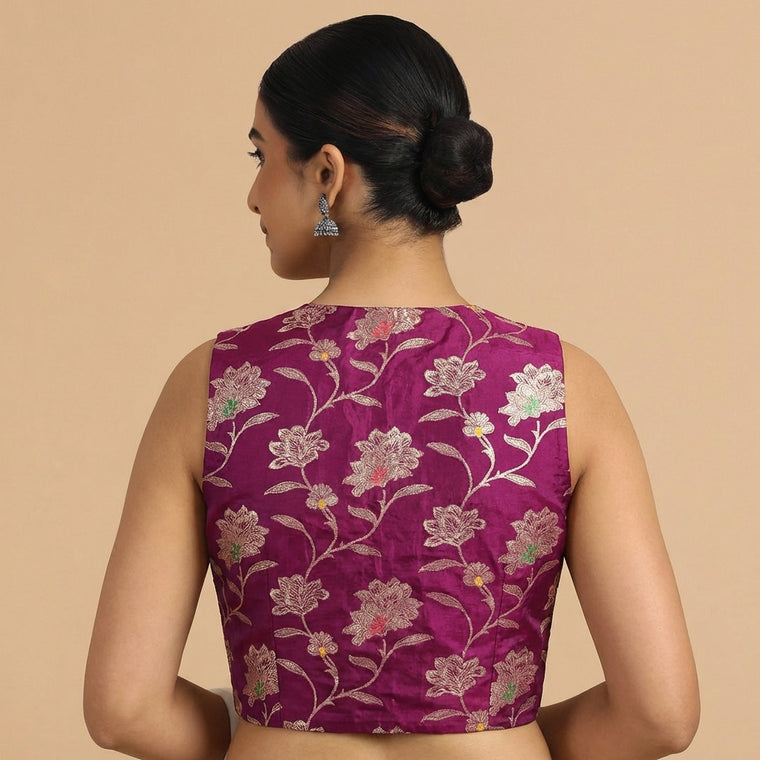Rupali x Tyohaar Saree Blouse, in Purple Meenakari Satin Viscose, featuring sleeveless and jewel neckline (view 2).