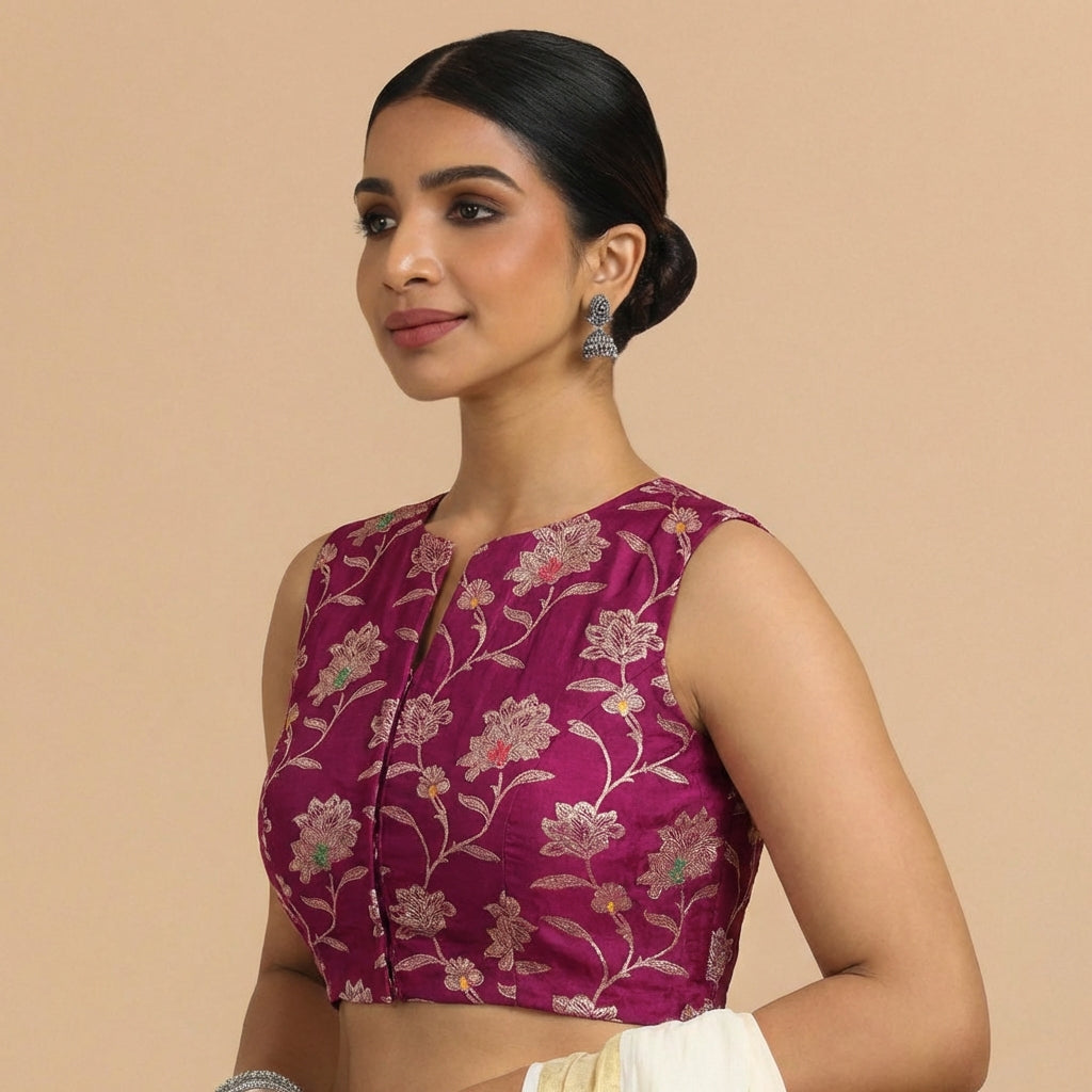Rupali x Tyohaar Saree Blouse, in Purple Meenakari Satin Viscose, featuring sleeveless and jewel neckline (view 7).