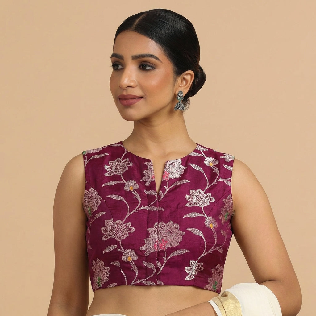 Rupali x Tyohaar Saree Blouse, in Purple Meenakari Satin Viscose, featuring sleeveless and jewel neckline (view 8).