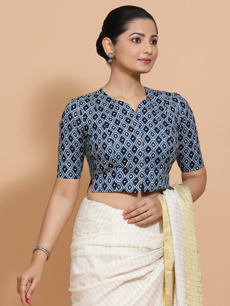 Saachi x Rozaana | Elbow Sleeves Cotton Saree Blouse in Indigo Blue Geometric Block Print Fabric-Binks