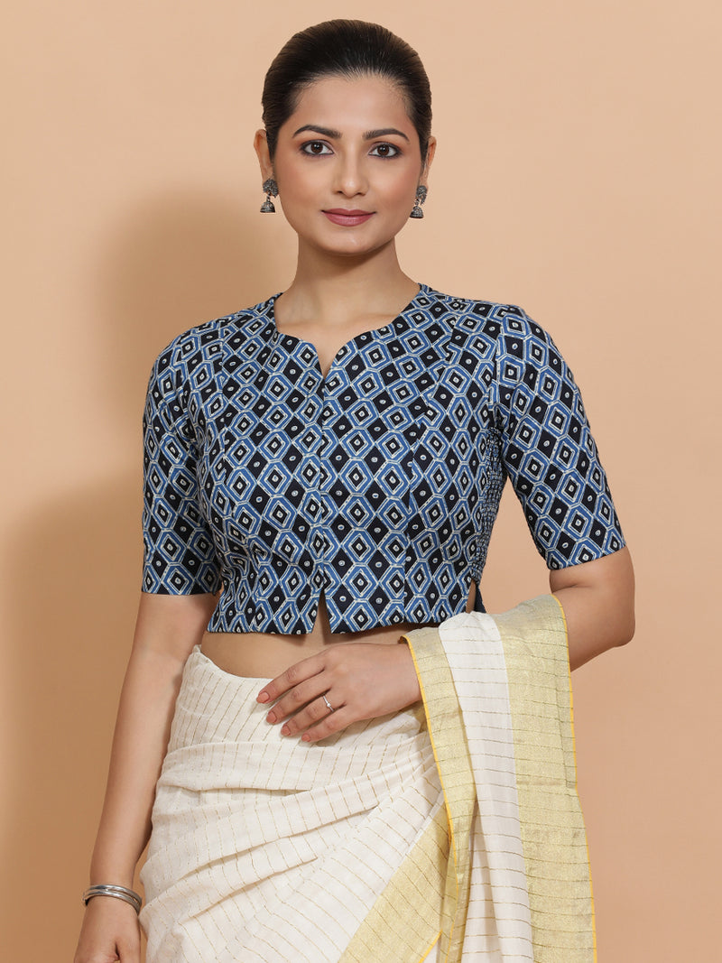 Saachi x Rozaana | Elbow Sleeves Cotton Saree Blouse in Indigo Blue Geometric Block Print Fabric-Binks