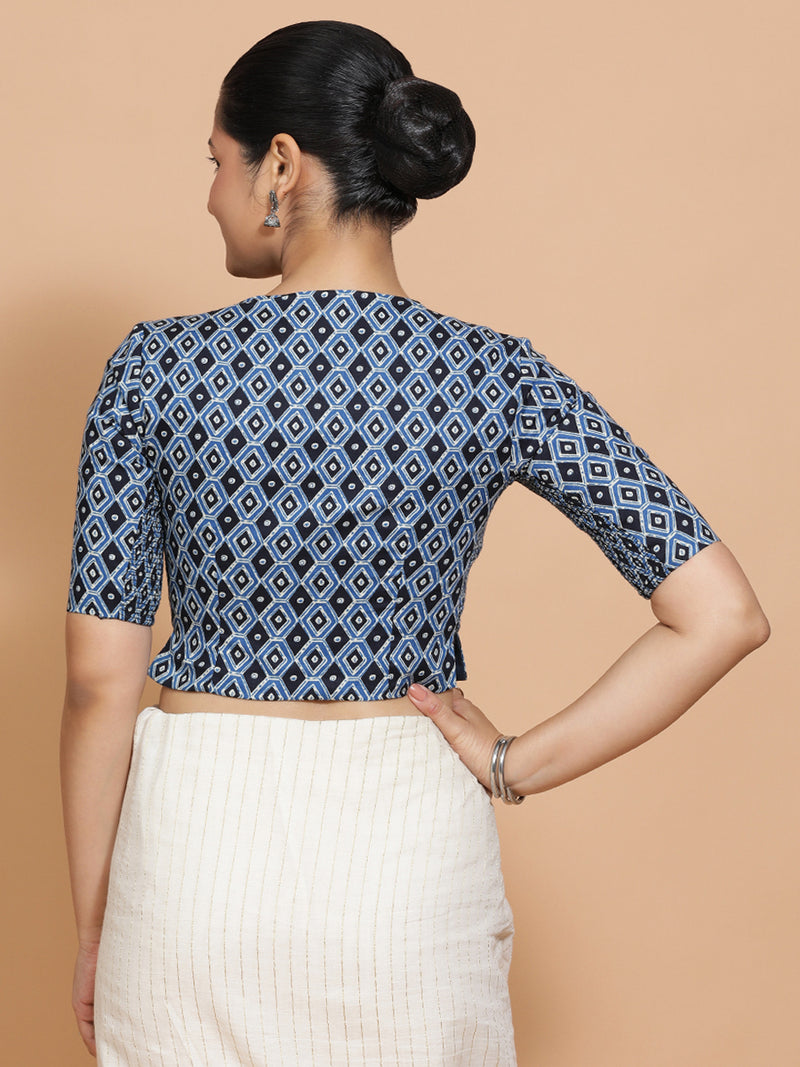Saachi x Rozaana | Elbow Sleeves Cotton Saree Blouse in Indigo Blue Geometric Block Print Fabric-Binks