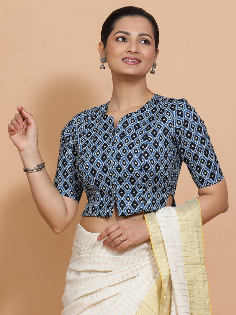 Saachi x Rozaana | Elbow Sleeves Cotton Saree Blouse in Indigo Blue Geometric Block Print Fabric-Binks