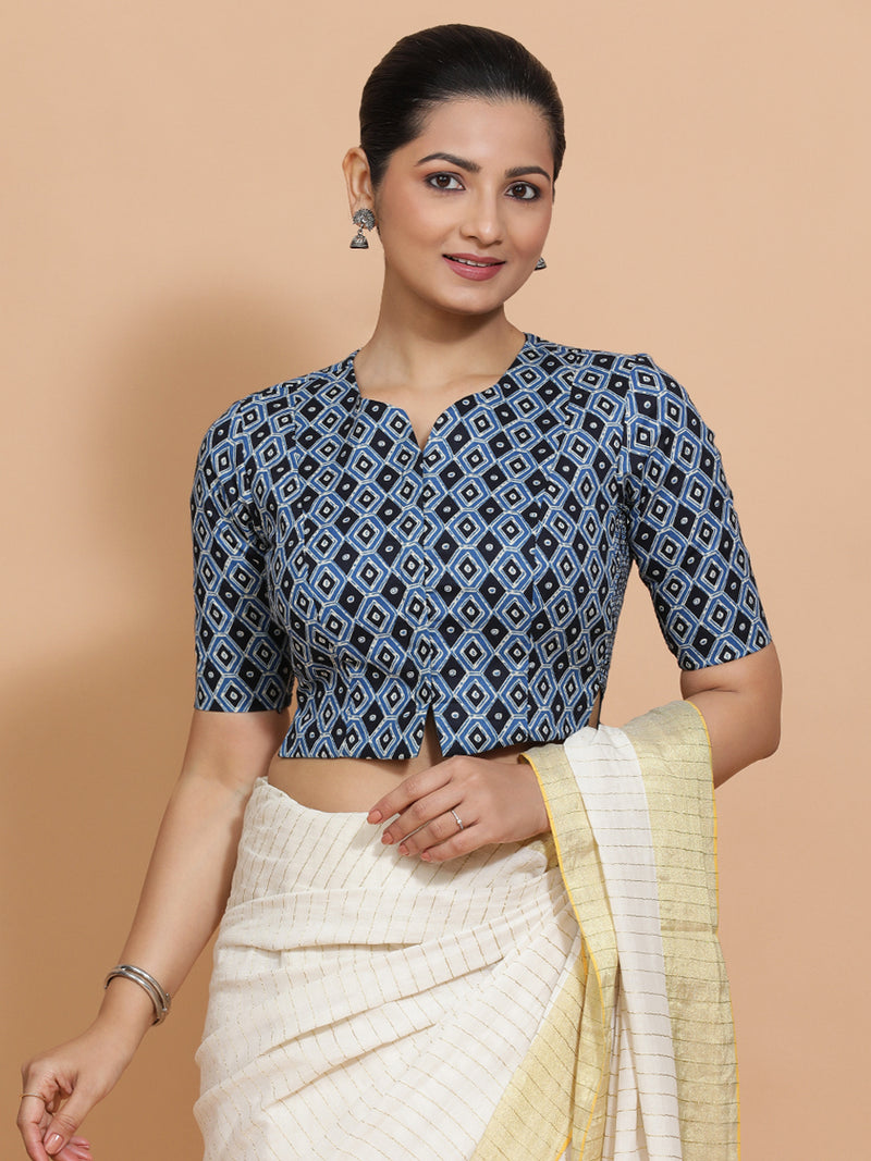 Saachi x Rozaana | Elbow Sleeves Cotton Saree Blouse in Indigo Blue Geometric Block Print Fabric-Binks