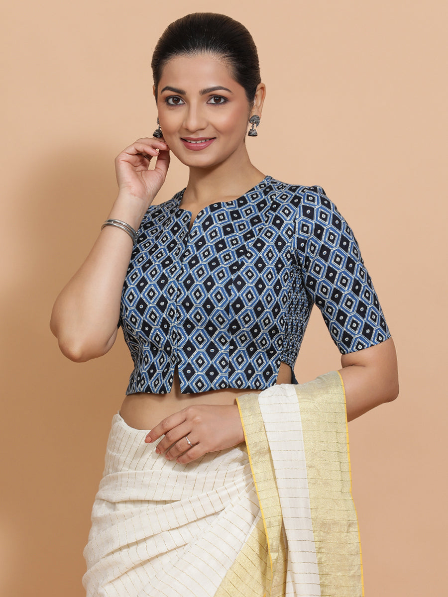 Saachi x Rozaana Saree Blouse, in Blue Cotton, featuring elbow sleeves and round neckline, made for daily & work (view 8).