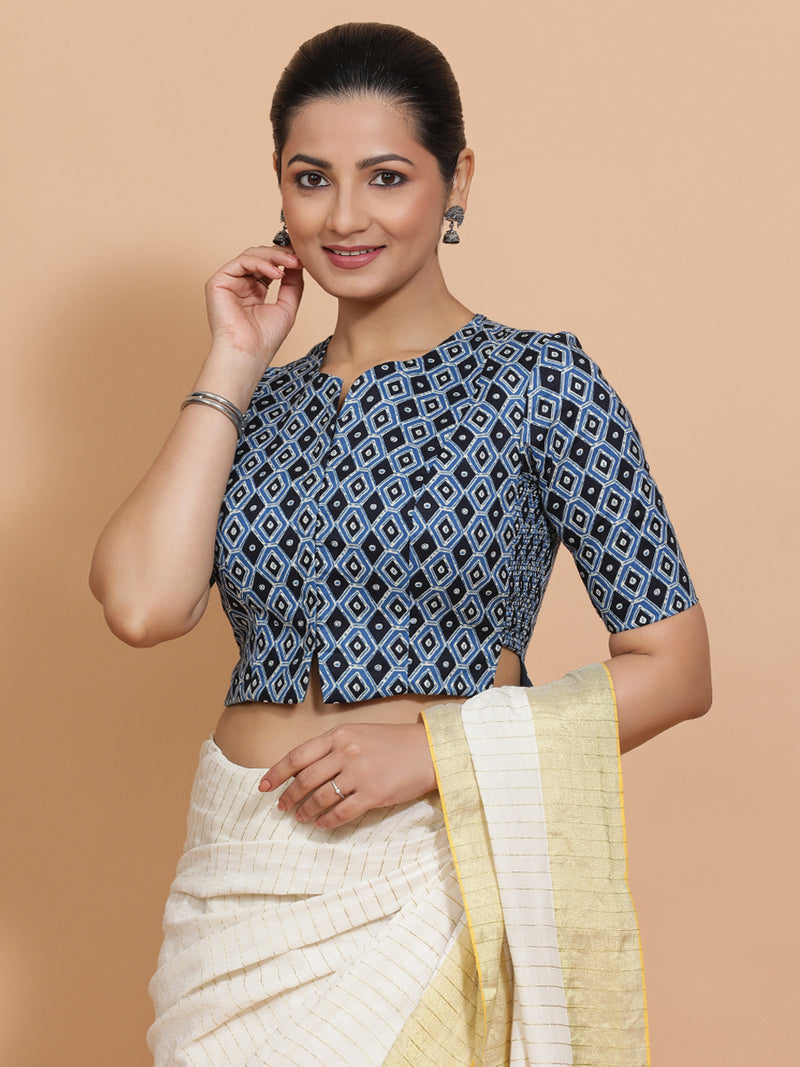 Saachi x Rozaana | Elbow Sleeves Cotton Saree Blouse in Indigo Blue Geometric Block Print Fabric-Binks