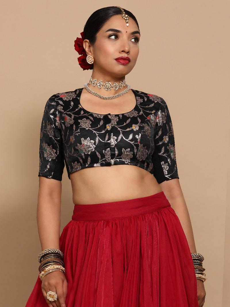 Saanvi x Tyohaar | Elbow Sleeves Satin Viscose Saree Blouse in Black Meenakari Fabric-Binks