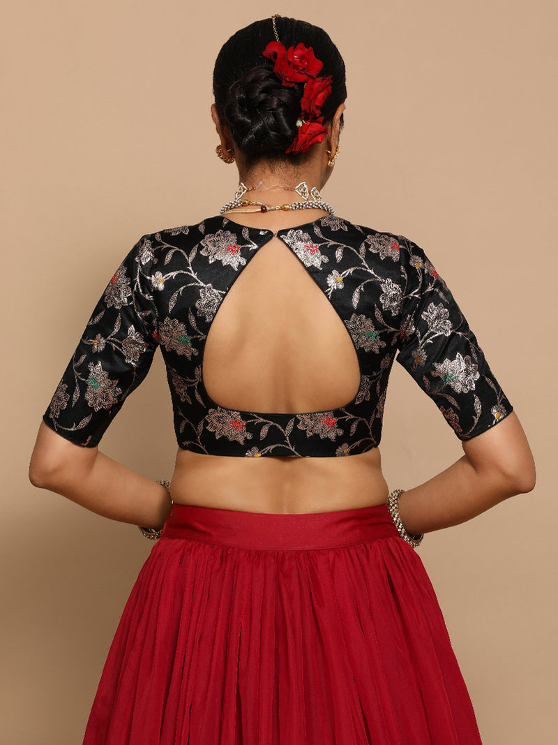 Saanvi x Tyohaar | Elbow Sleeves Satin Viscose Saree Blouse in Black Meenakari Fabric-Binks
