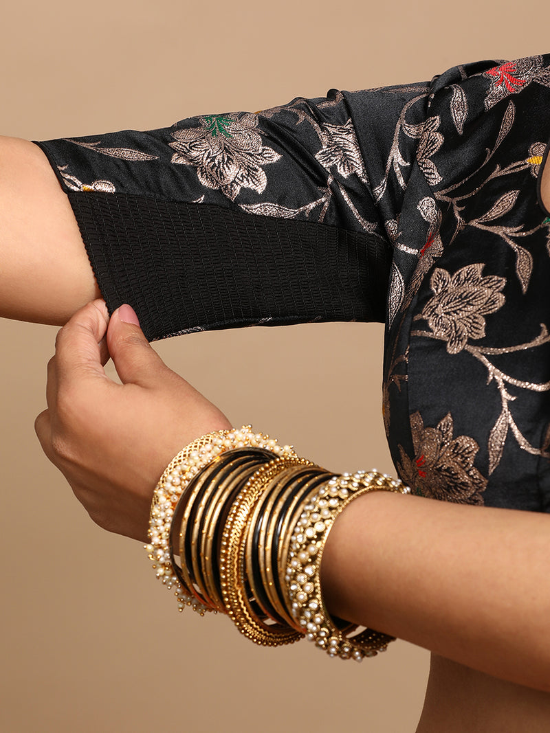Saanvi x Tyohaar | Elbow Sleeves Satin Viscose Saree Blouse in Black Meenakari Fabric-Binks