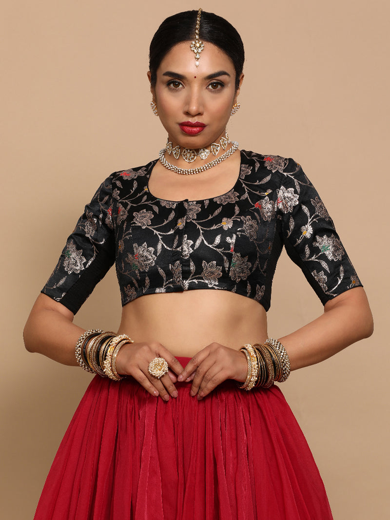 Saanvi x Tyohaar | Elbow Sleeves Satin Viscose Saree Blouse in Black Meenakari Fabric-Binks