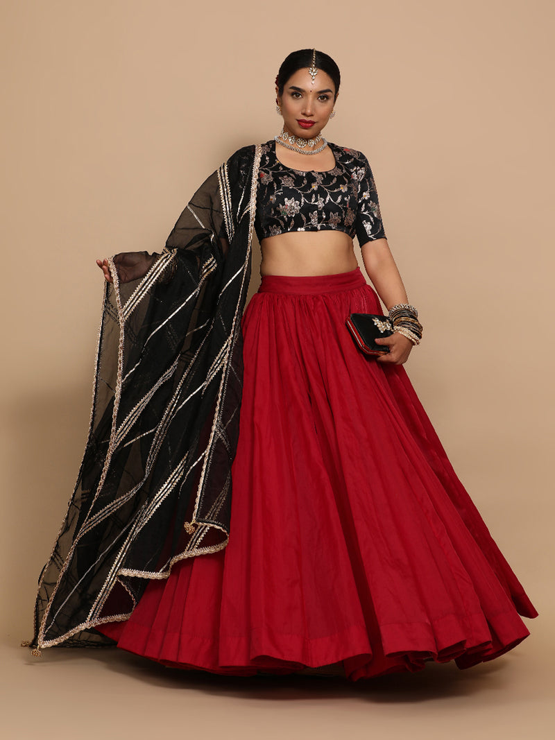 Saanvi x Tyohaar | Elbow Sleeves Satin Viscose Saree Blouse in Black Meenakari Fabric-Binks