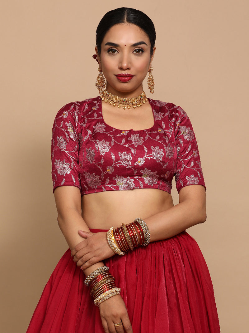 Saanvi x Tyohaar | Elbow Sleeves Satin Viscose Saree Blouse in Red Meenakari Fabric-Binks