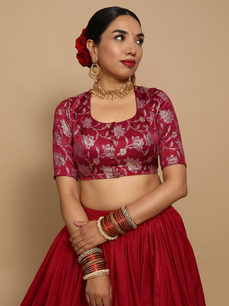 Saanvi x Tyohaar | Elbow Sleeves Satin Viscose Saree Blouse in Red Meenakari Fabric-Binks