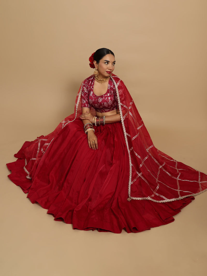 Saanvi x Tyohaar | Elbow Sleeves Satin Viscose Saree Blouse in Red Meenakari Fabric-Binks