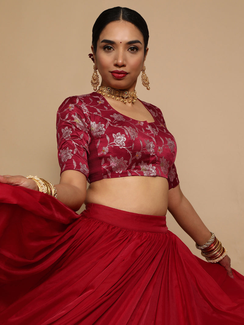 Saanvi x Tyohaar | Elbow Sleeves Satin Viscose Saree Blouse in Red Meenakari Fabric-Binks