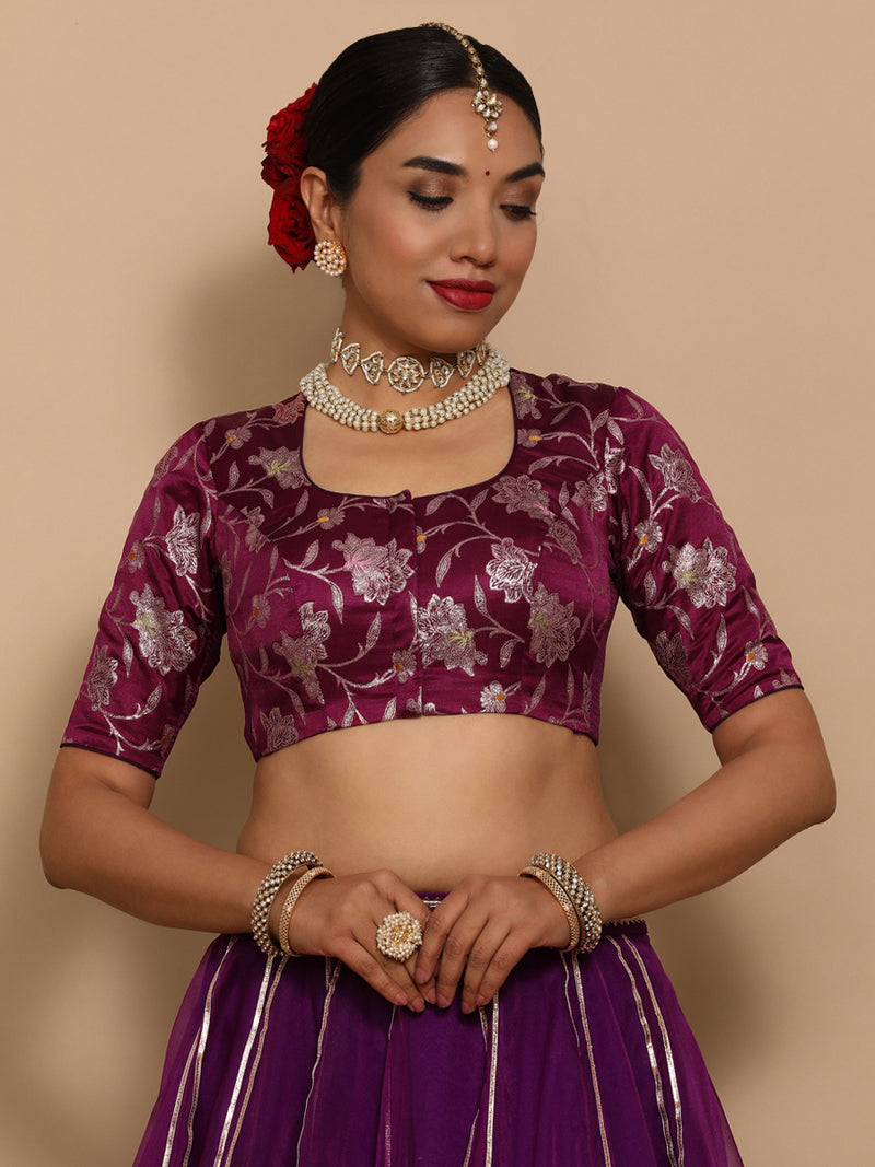 Saanvi x Tyohaar | Elbow Sleeves Satin Viscose Saree Blouse in Violet Meenakari Fabric-Binks