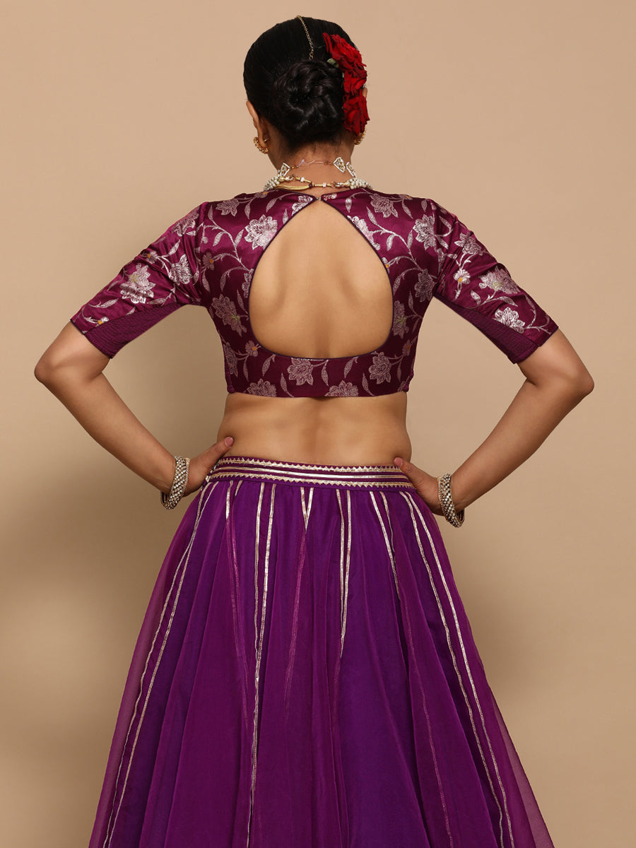 Saanvi x Tyohaar Saree Blouse, in Purple Embroidery & Brocade, featuring elbow sleeves and pot neckline (view 2).