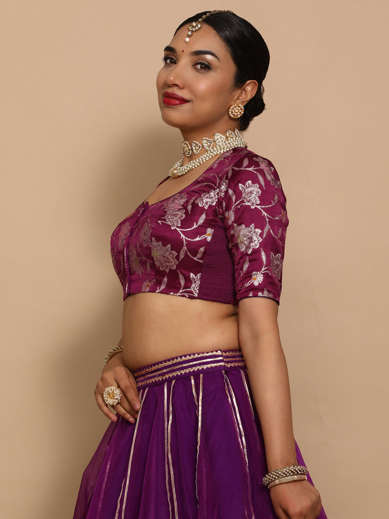 Saanvi x Tyohaar | Elbow Sleeves Satin Viscose Saree Blouse in Violet Meenakari Fabric-Binks