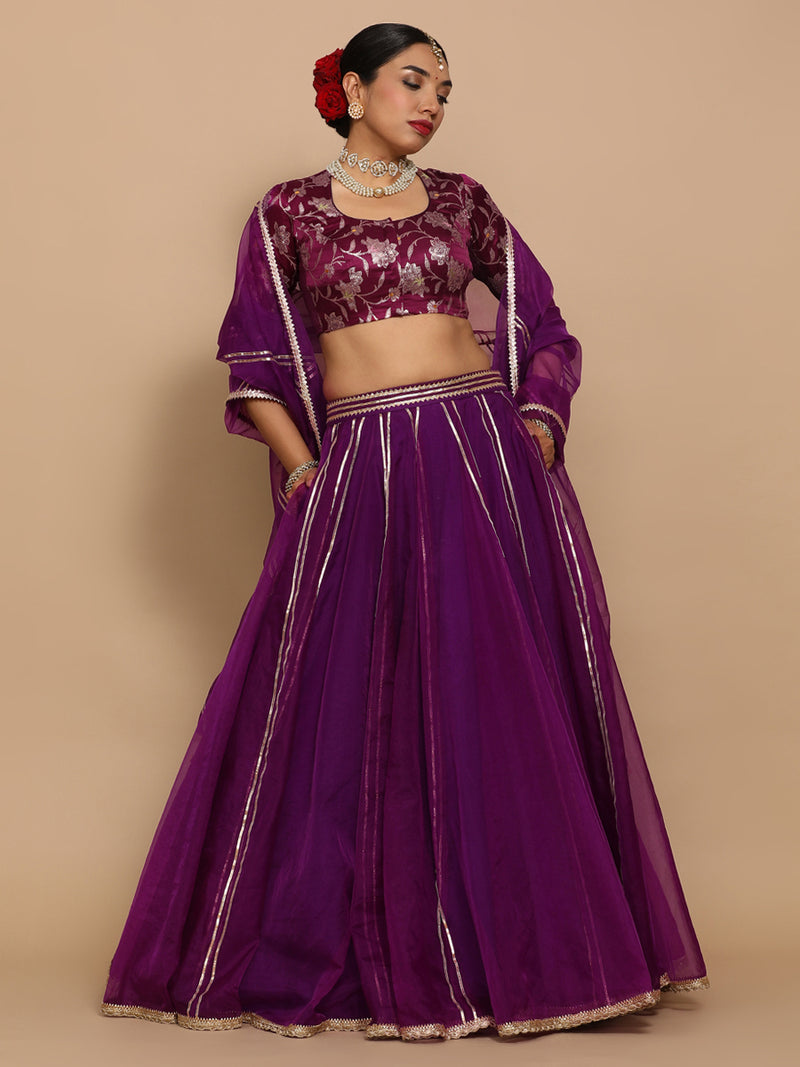 Saanvi x Tyohaar | Elbow Sleeves Satin Viscose Saree Blouse in Violet Meenakari Fabric-Binks