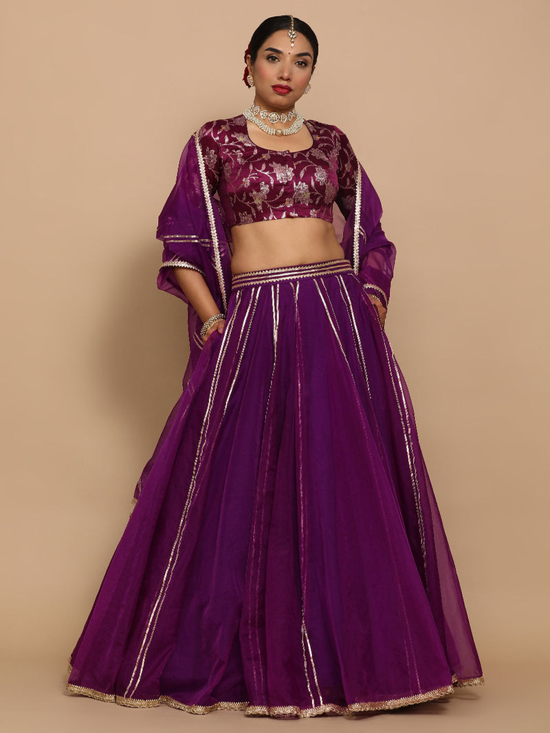Saanvi x Tyohaar | Elbow Sleeves Satin Viscose Saree Blouse in Violet Meenakari Fabric-Binks