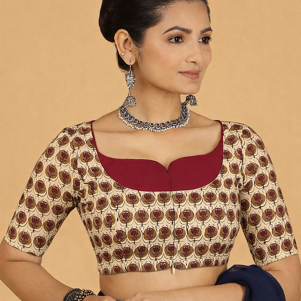 Saaya x Rozaana Saree Blouse, in Cream 100% Cotton - Block Printed, featuring elbow sleeves and stylised neckline (view 5).