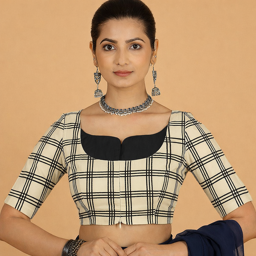 Saaya x Rozaana | Cream Windowpane Check Block Print Cotton Saree Blouse