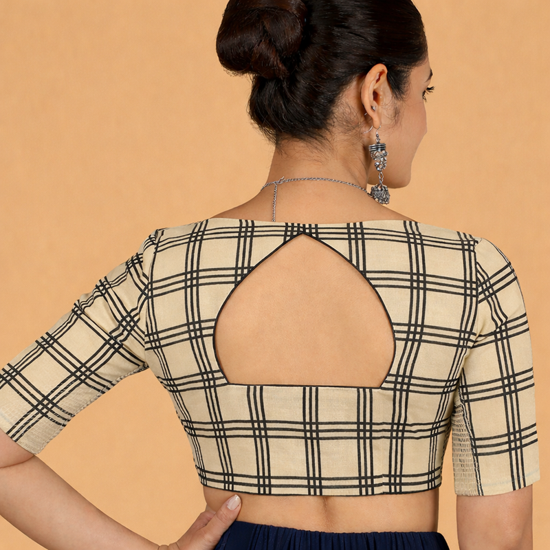 Saaya x Rozaana | Cream Windowpane Check Block Print Cotton Saree Blouse-Binks