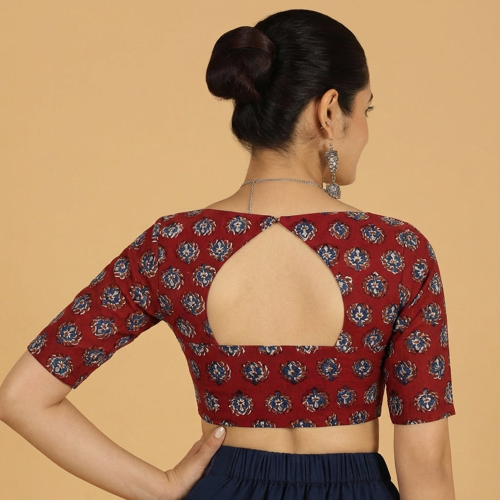 Saaya x Rozaana Saree Blouse, in Red 100% Cotton - Block Printed, featuring elbow sleeves and stylised neckline (view 2).