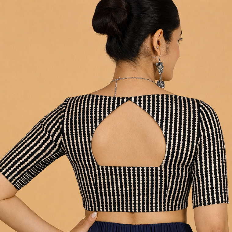 Saaya x Rozaana Saree Blouse, in Black 100% Cotton - Block Printed, featuring elbow sleeves and stylised neckline (view 2).