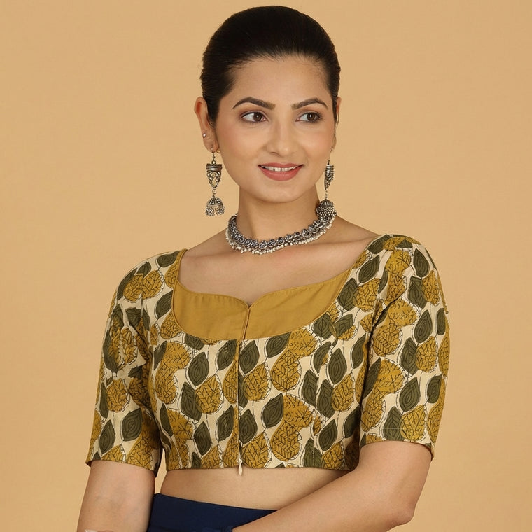 Saaya x Rozaana Saree Blouse, in Green 100% Cotton - Block Printed, featuring elbow sleeves and stylised neckline.
