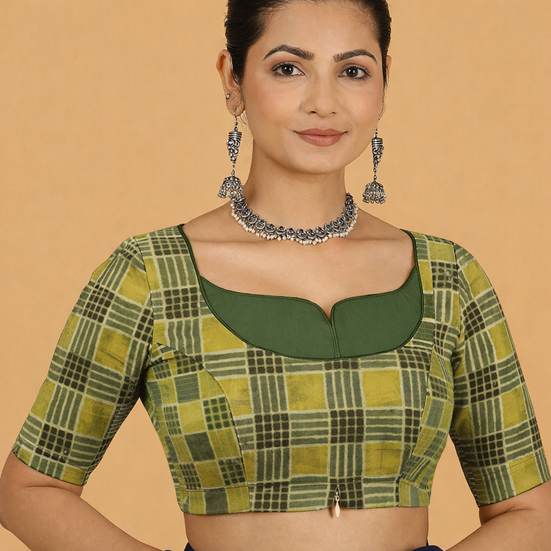 Saaya x Rozaana | Olive Grid Block Print Cotton Saree Blouse-Binks
