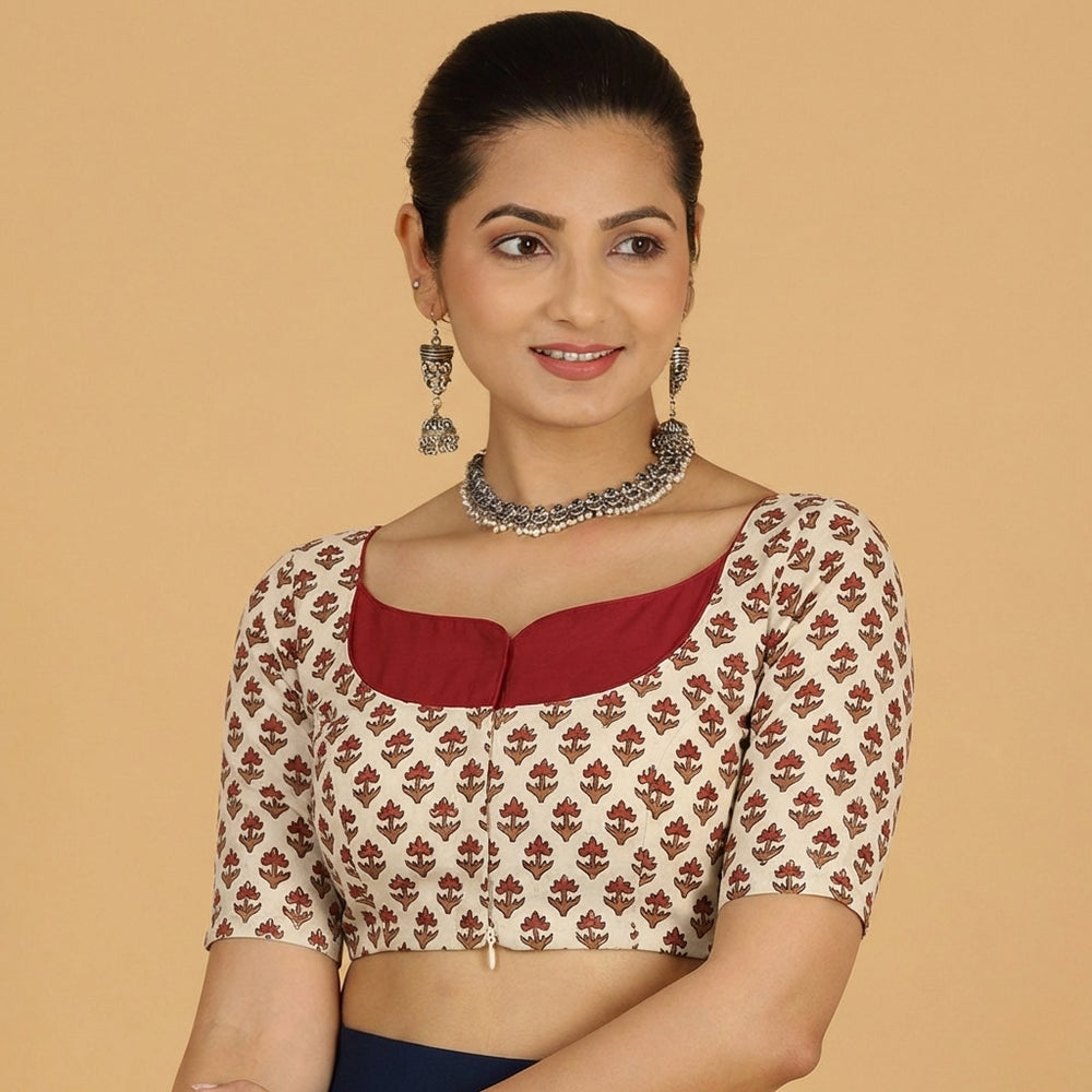 Saaya x Rozaana | Tulip Bloom Cream Block Print Cotton Saree Blouse