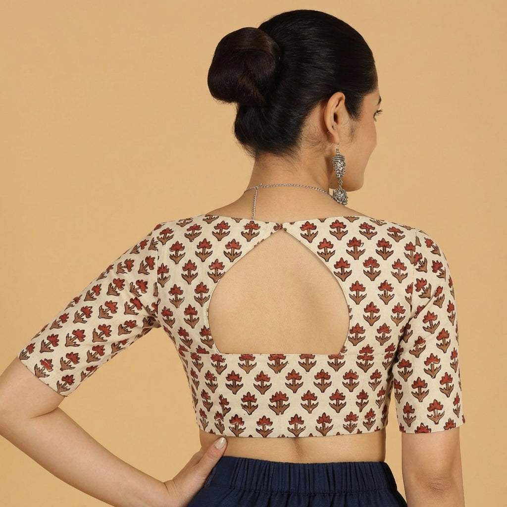 Saaya x Rozaana Saree Blouse, in Cream 100% Cotton - Block Printed, featuring elbow sleeves and stylised neckline (view 2).