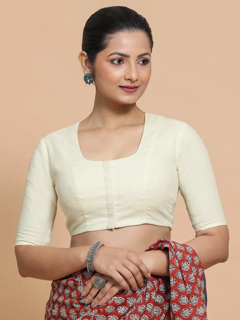 Sadia x Rozaana | Elbow Sleeves Saree Blouse in Chalk White Linen-Binks