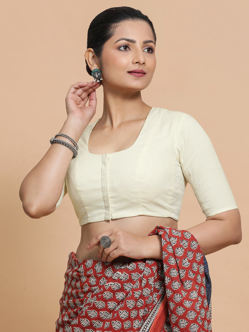 Sadia x Rozaana | Elbow Sleeves Saree Blouse in Chalk White Linen-Binks