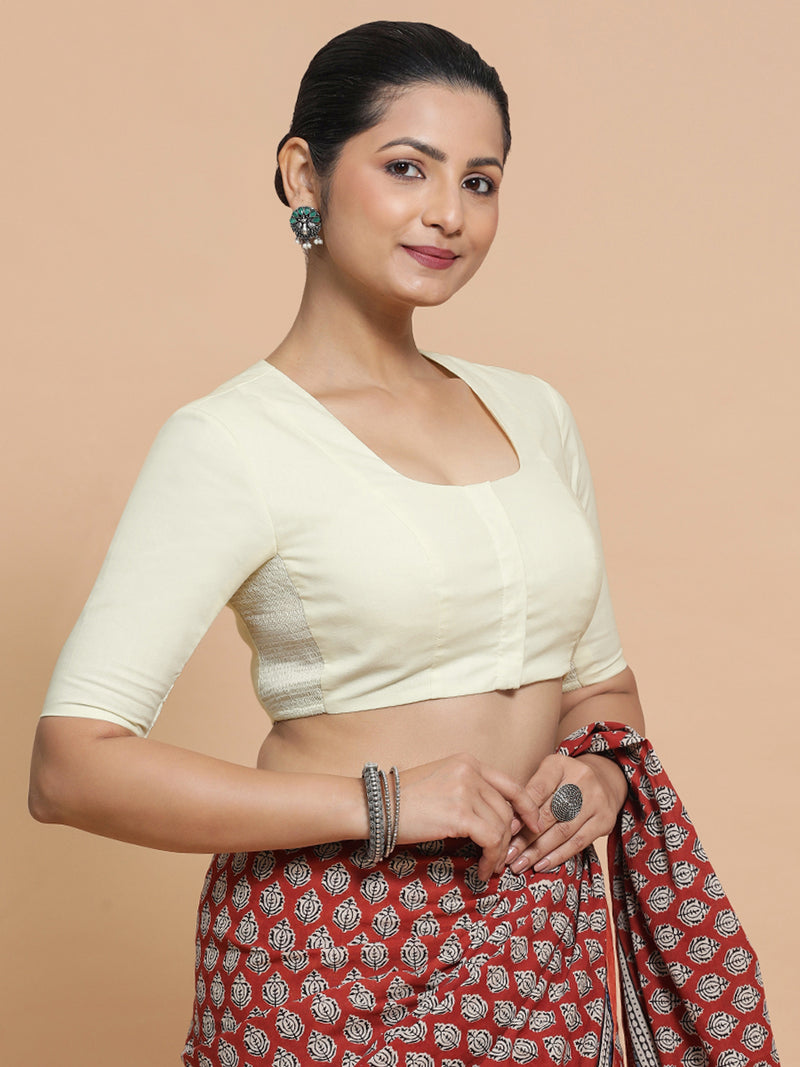 Sadia x Rozaana | Elbow Sleeves Saree Blouse in Chalk White Linen-Binks