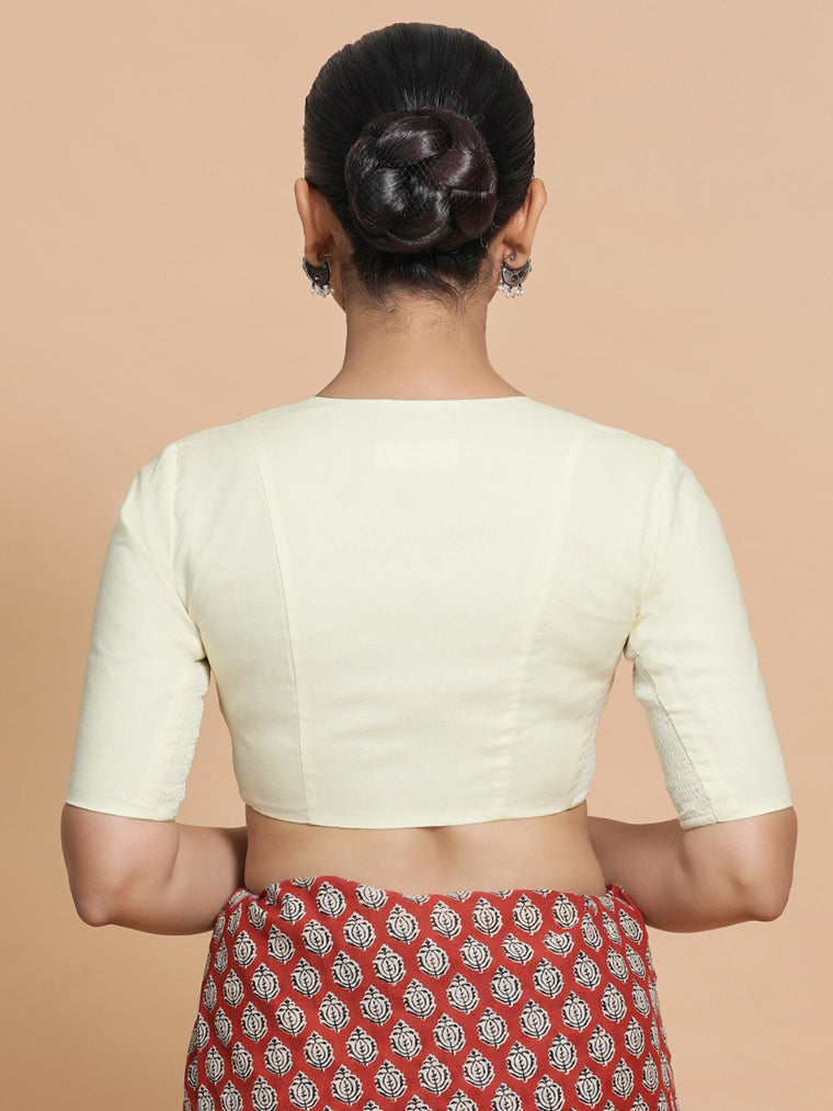 Sadia x Rozaana Saree Blouse, in White Linen, featuring elbow sleeves and round neckline, made for daily & work (view 2).