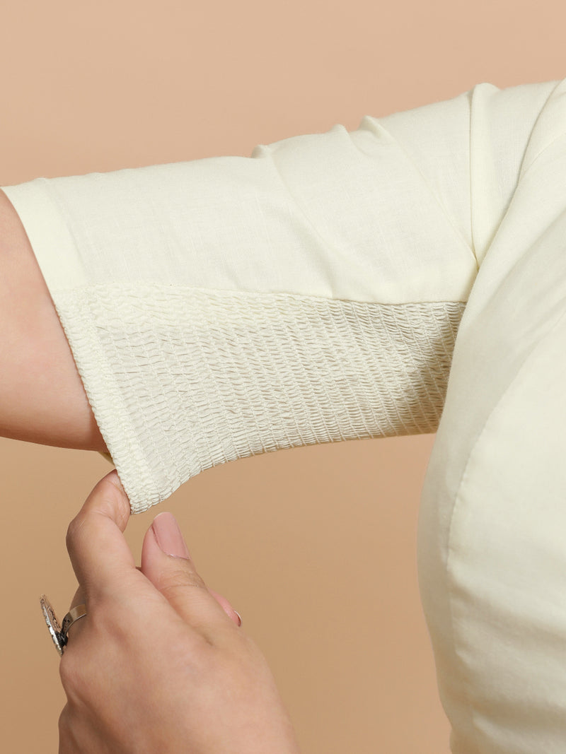 Sadia x Rozaana | Elbow Sleeves Saree Blouse in Chalk White Linen-Binks