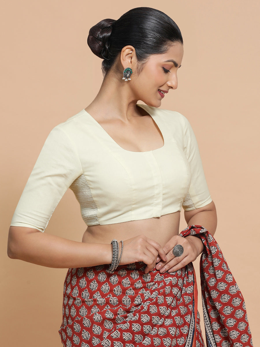 Sadia x Rozaana Saree Blouse, in White Linen, featuring elbow sleeves and round neckline, made for daily & work (view 8).