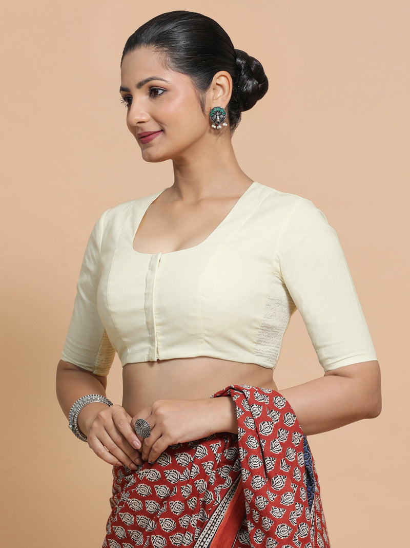 Sadia x Rozaana | Elbow Sleeves Saree Blouse in Chalk White Linen-Binks