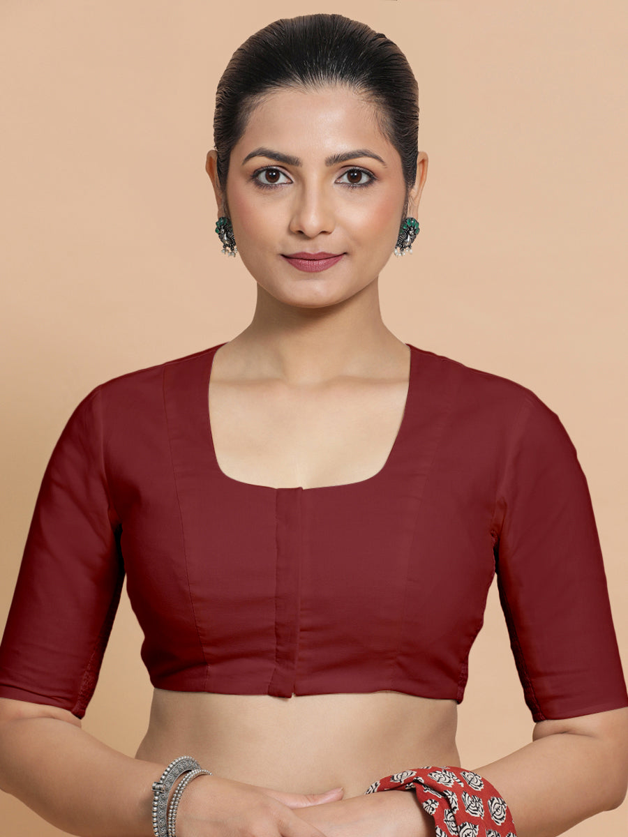 Sadia x Rozaana Saree Blouse, in Red Linen, featuring elbow sleeves and round neckline, made for daily & work (view 5).